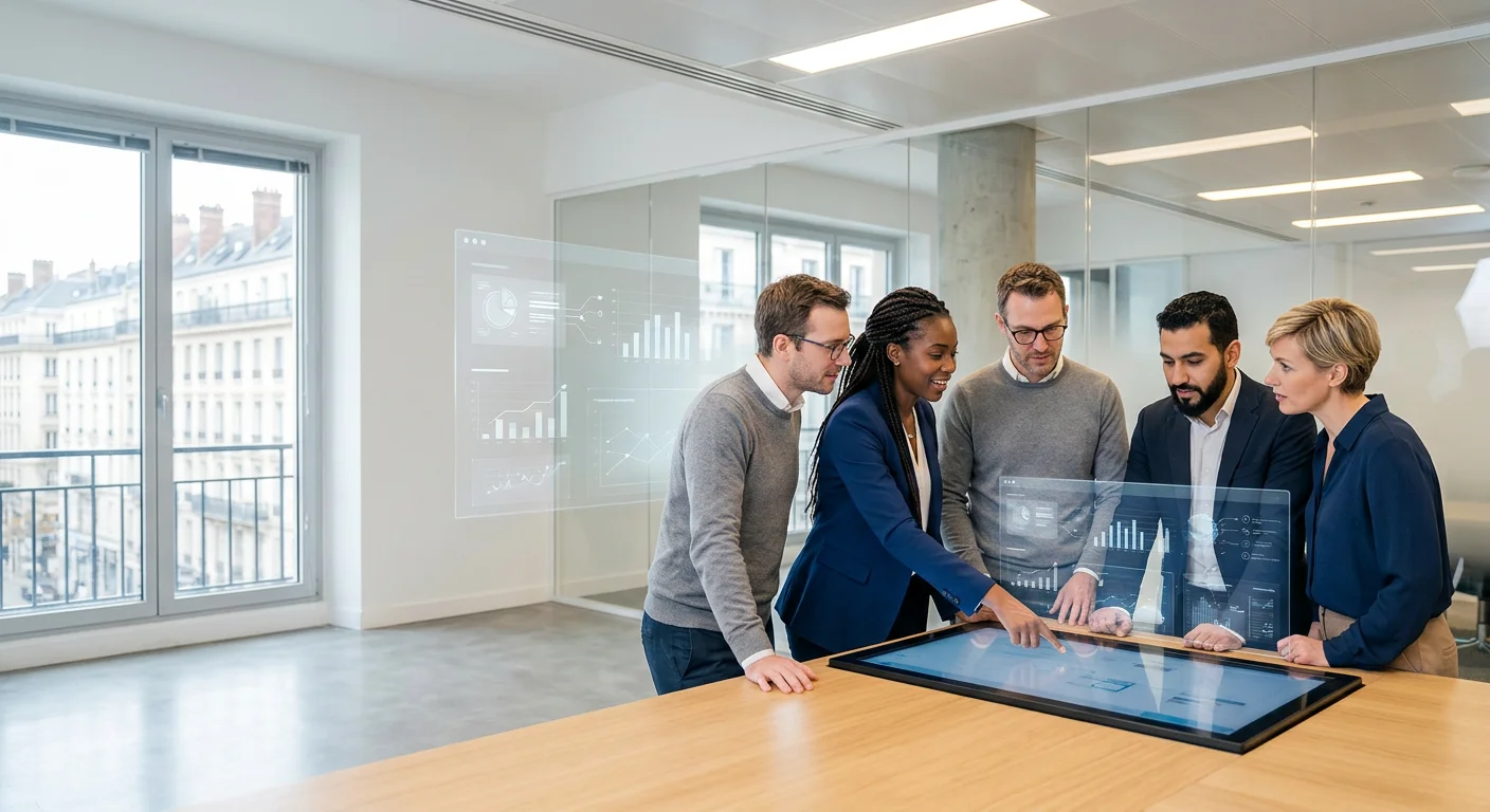 Équipe d'entreprise en formation SAP autour d'un écran interactif, dans les bureaux de l'entreprise